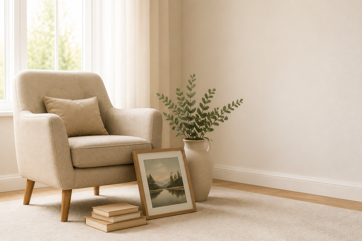 A softly lit room with an armchair, leafy plant, framed landscape and books